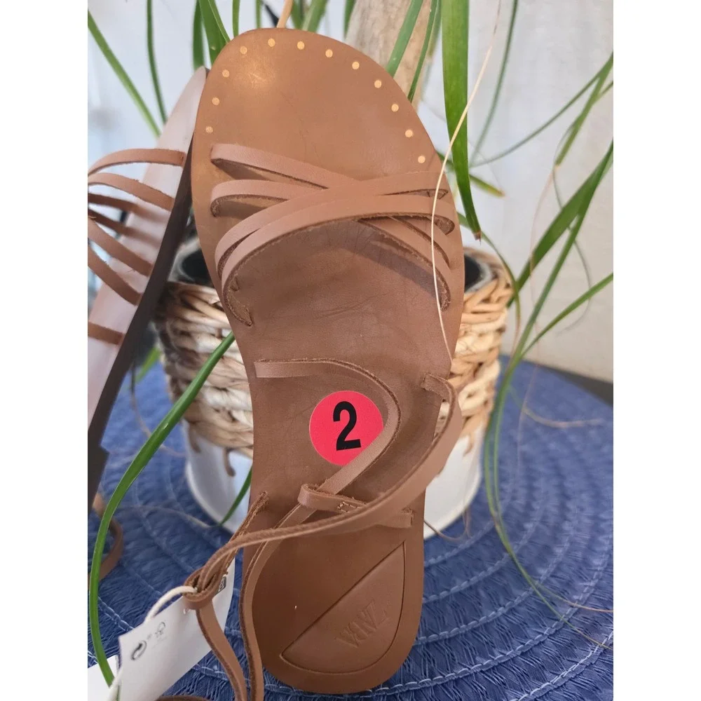 Zara Kids Tan Brown Leather Gladiator Lace Up Sandals Gold Studs 2618/330/700